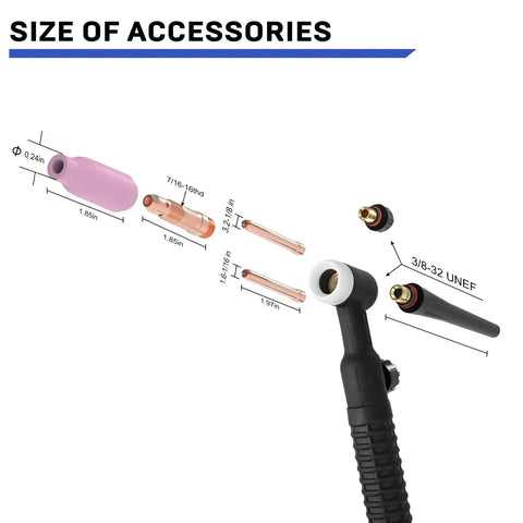 Flexible 13 Foot Air Cooled TIG Welding Torch With WP17FV Head accessories, including plug valves and adapters, size details shown