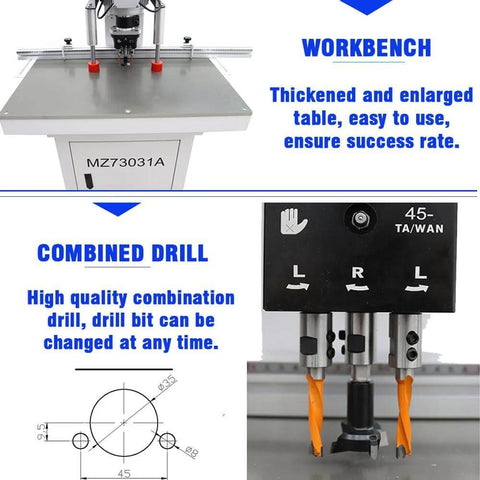 INTBUYING pneumatic hinge boring insertion machine on a metal workbench with dual drill heads and orange bits