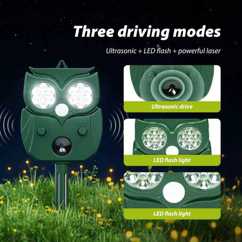 Solar Owl Motion Sensor Deterrent With Ultrasonic Sound And LED Flash Alerts For Outdoor Use Protect Your Garden Yard Patio And Perimeter From Pests Easy Setup Motion Activated Safe For Pets. Green owl stake with lights and sensor