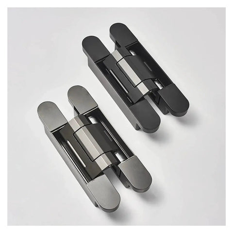 Real Quick And Easy Concealed Hydraulic Hinge With Three Way Tweaks And Silky Soft Close Action Swinging Up To Two Hundred Pounds For Smooth Flush Kitchen Doors In Heavy Duty Black, displaying two sleek black hydraulic hinges.