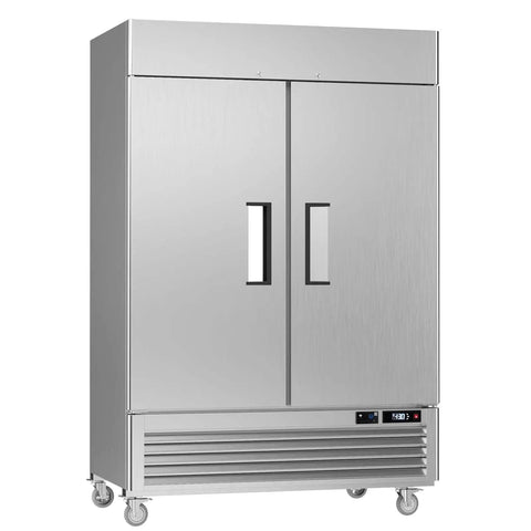 Heavy Duty Commercial Upright Freezer With Kickass WiFi Setup App Slick Temp Control LED Interior Lighting Solid Stainless Steel 49 Cubic Foot kitchen workhorse on wheels.