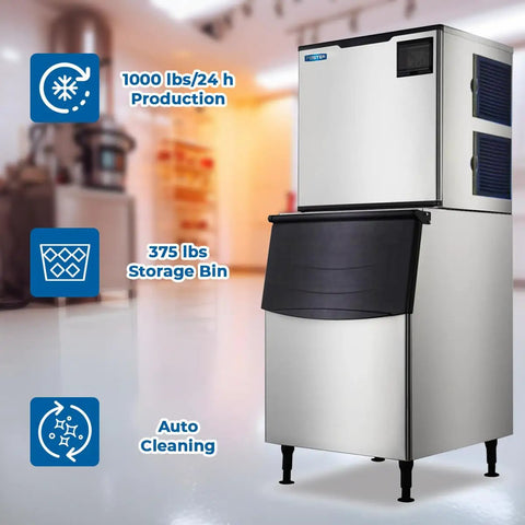 Pro Grade Commercial Ice Maker Crankin Out 1000 Pounds Of Full Dice Cubes Daily, Paired With A 375 Lb Storage Bin, Stainless Steel Build, Ultra Quiet Air Cooled Unit Runnin Smooth For Busy Bars And Restaurants, showing ice production specs and storage bin.