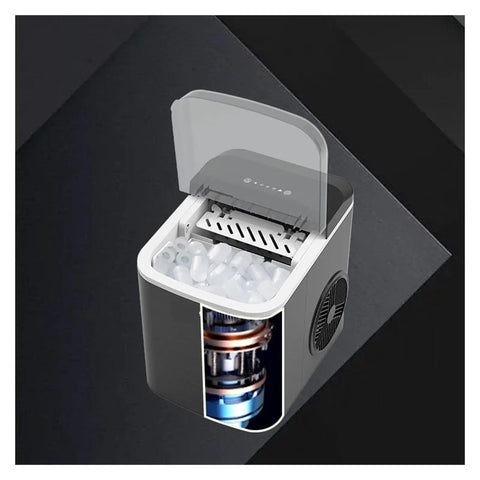 No Fuss Portable Countertop Ice Maker With Sturdy Carry Handle And Easy Self Cleaning Cycle Fast Freeze Compact Ice Machine showing ice storage and internal design.
