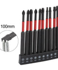 Rock Solid Long 100mm Screwdriver Bits Set For Impact Driver With Quarter Inch Hex Shank Power Drill Bit Kit Featuring Star Cross And Head Assortment PH2 PH3 PZ2 Tough Metal Construction That Works Great. 10-piece 100mm bit set with PH, PZ and Torx tips in holder