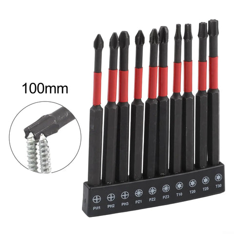 Rock Solid Long 100mm Screwdriver Bits Set For Impact Driver With Quarter Inch Hex Shank Power Drill Bit Kit Featuring Star Cross And Head Assortment PH2 PH3 PZ2 Tough Metal Construction That Works Great. 10-piece 100mm bit set with PH, PZ and Torx tips in holder