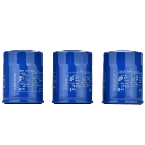 Three blue oil filters from All In One Oil Filter And Drain Plug Gasket Kit For Honda And Acura Cars, part of six piece set