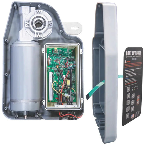 Gen 6 Direct Drive Boat Lift System With Install Kit And Handy Smartphone App Control For Easy Auto Stop Auto Run Programmable Limits And Field Serviceable Components open housing with motor and control board
