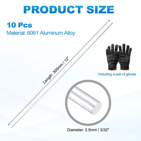 6061 Aluminum Rod 3/32 Inch Diameter By 12 Inch Length Solid Lathe Bar Stock For DIY Crafts, image showing size and gloves