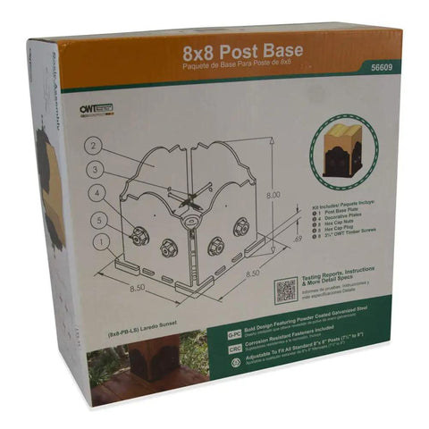 Box of Laredo Sunset 8x8 Post Base Kit For Pergolas And Decks With Decorative Plates Hex Cap Nuts Steel Construction