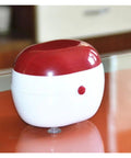 Portable Ultrasonic Denture And Retainer Cleaner Case With Automatic Wash Feature And Built In Filter For Glasses Jewelry And False Teeth Compact Straight Up Spotless Daily Essential in red and white design.