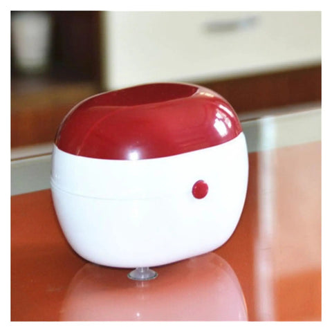 Portable Ultrasonic Denture And Retainer Cleaner Case With Automatic Wash Feature And Built In Filter For Glasses Jewelry And False Teeth Compact Straight Up Spotless Daily Essential in red and white design.