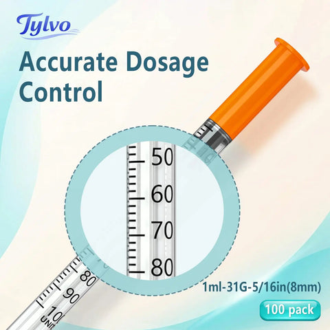 One Hand Operable 1 mL Syringes 31G Five Sixteenth Inch Needle Size Leakproof Design Clear Graduations Pack Of 100