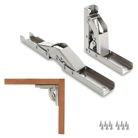 10 Piece 90 Degree Folding Hidden Hinge Brackets For Tables And Cabinets, showing installed and uninstalled views