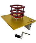 Boss Level Router Lift Table With Solid Insert Plate Kit And Easy Mount Handle For No Sweat Quick Assembly On Precise Woodworking Jobs Across The Shop Floor Flex, gold base, red height adjustment rings.