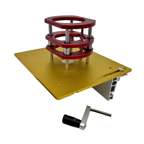 Boss Level Router Lift Table With Solid Insert Plate Kit And Easy Mount Handle For No Sweat Quick Assembly On Precise Woodworking Jobs Across The Shop Floor Flex, gold base, red height adjustment rings.