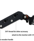 Black aluminum monitor mounting arm with 1/4-20 clamp and 3/8 accessory thread for SmallHD/Vaxis on Tilta Nucleus-M.