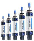Five MAL series aluminum pneumatic mini cylinders with blue end caps and ports; compact actuators