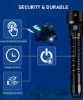 Beast Mode Bright Scuba Dive Flashlight With 6800 Lumens For Deep Night Dives And Cave Explorations next to diver illustration.