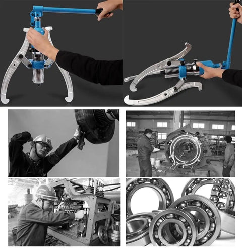 Beefy Hydraulic Wheel Bearing Puller Kit With 3 Jaw Separator For Heavy Machinery Repair, showing use and components in action.