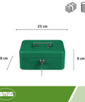 Steel Cash Box with Coin Compartment and Two Keys Green Money Safe for Bills and Coins Secure Nickel Plated Lock Durable Home or Office Safe Measures 250 x 180 x 90 mm, front view
