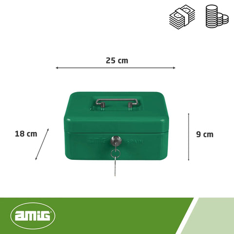 Steel Cash Box with Coin Compartment and Two Keys Green Money Safe for Bills and Coins Secure Nickel Plated Lock Durable Home or Office Safe Measures 250 x 180 x 90 mm, front view