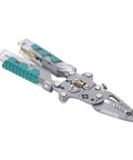 Heavy Duty 12 in 1 Wire Stripping Pliers With Voltage Tester Reminder, silver ergonomic pliers with foldable design for cutting and crimping.