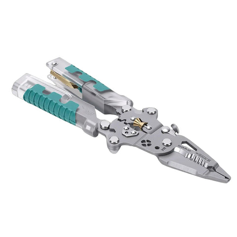 Heavy Duty 12 in 1 Wire Stripping Pliers With Voltage Tester Reminder, silver ergonomic pliers with foldable design for cutting and crimping.