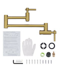Gold Brass Pot Filler Faucet With Two Handles Wall Mount Single Hole Stretchable Swing Arm Double Joint Above Stove Lead Free Solid Brass Kitchen Fixture For Easy Rinsing And Boiling with installation kit.