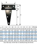Diagram of a black 6-inch T hinge with measurements from the Heavy Duty T Hinge Set Tee Strap Hinges For Shed Gate Barn Fence Doors Rustproof Black 6 Pcs 6 Inch Outdoor Indoor Hardware.