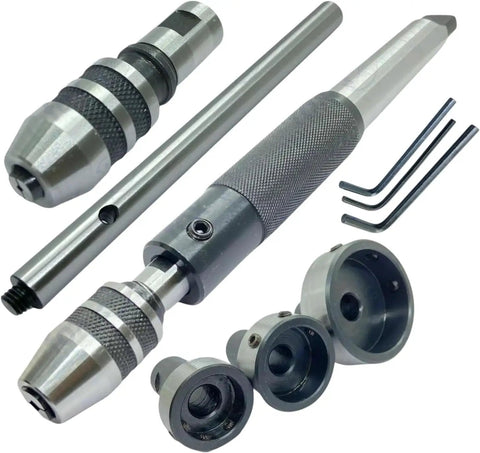Rock Solid 8-Piece MT2 Morse Taper Lathe Tailstock Tap And Die Holder Kit With Professional Threading Set, Chuck Holders, Knurled Sleeves, Stop Handle And Premium Wooden Box For Serious Machinista Pros. MT2 metal lathe threading tools, holders, dies, taps
