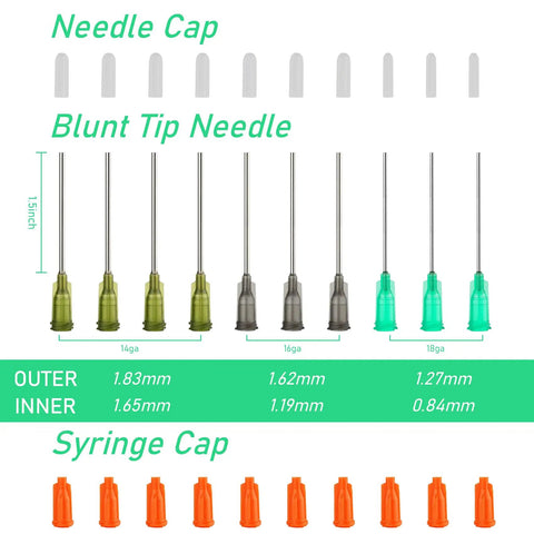 Pro Grade Glue Applicator Syringe Kit with 14G 16G 18G blunt tip needles, leak proof cap, syringes displayed with measurements