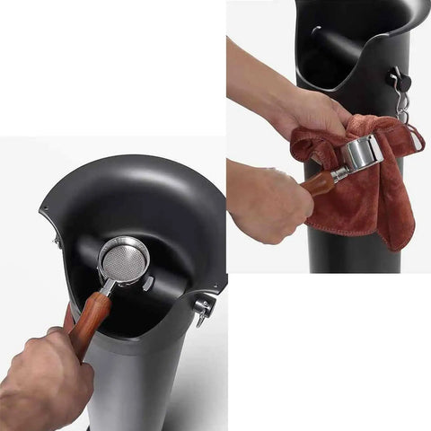 Smooth Commercial Espresso Knock Box With Detachable Vertical Grounds Catcher Bundle Includes Twenty Five Trash Liners Plus Wipe Rag for easy cleanup with towel and portafilter.