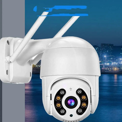 Watch Your Back 270 Degree PTZ Security Camera 1080P HD with night vision mounted outdoors by a waterfront.