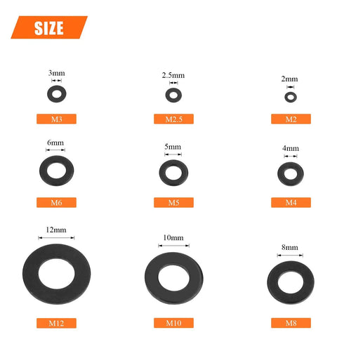 900 Piece Black Zinc Flat Washers Assorted Kit With Lock Metal Washers In Durable Plastic Case Includes M2 M2.5 M3 M4 M5 M6 M8 M10 M12 For Electrical Projects And DIY Gear