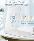 Rechargeable Travel Makeup Mirror With 72 LED Lights showing charging and full charge indicators on a folding tabletop vanity mirror