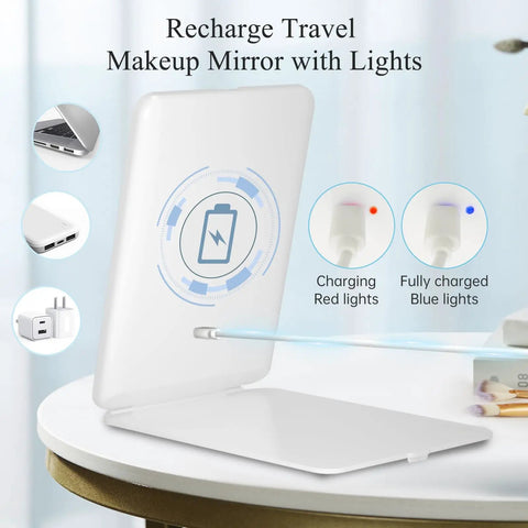 Rechargeable Travel Makeup Mirror With 72 LED Lights showing charging and full charge indicators on a folding tabletop vanity mirror