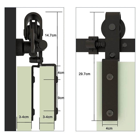 Built Tough Sliding Barn Door Hardware Kit For Double Doors Bypass Rail System with detailed measurements and black carbon steel components.