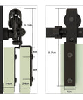 Diagram of heavy duty bypass sliding barn door rail kit with carbon steel tracks showing dimensions and hardware fitting details.