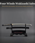 Wakizashi Iaito Training Sword With Unsharpened Stainless Steel Blade, 21 Inch Iaido Sword on elegant display stand