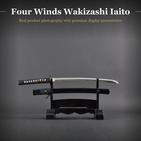 Wakizashi Iaito Training Sword With Unsharpened Stainless Steel Blade, 21 Inch Iaido Sword on elegant display stand