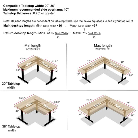 VIVO Electric L Shaped Standing Desk Frame With Height Adjustment For Corner Corner Corner Setup dimensions guide for tabletops.