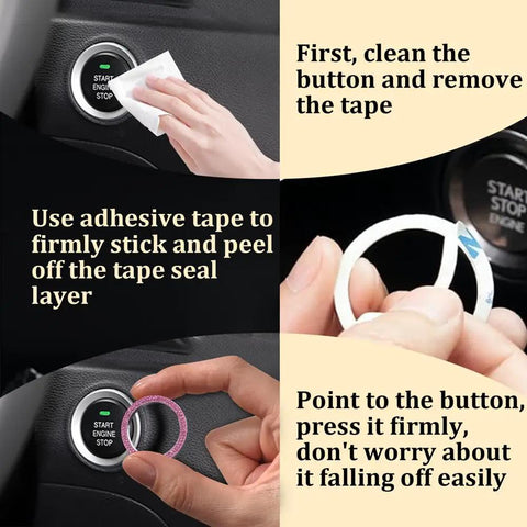 Instructions for using adhesive tape to secure start button ring cover on car dashboard.