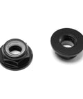 Close-up of 8pcs M5 Aluminum Lock Nuts Black Flange Nylon Lock Nuts for RC Drone FPV parts, showing flange design and self-locking feature