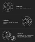 Installation steps for Rear Non Pneumatic Tire Set For Gokart Pro And Pro2 Kit, showing screw removal and hub replacement.