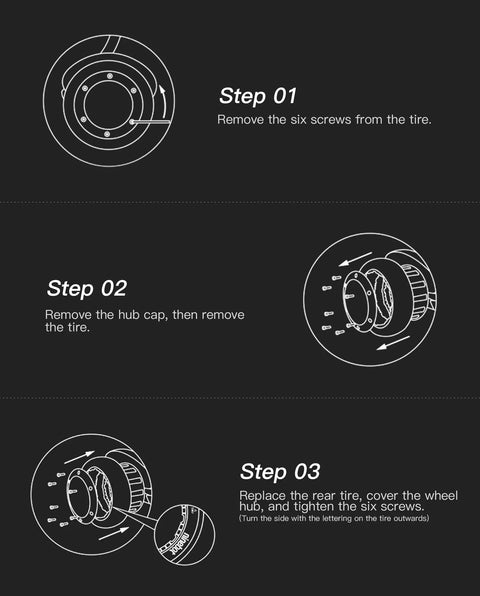 Installation steps for Rear Non Pneumatic Tire Set For Gokart Pro And Pro2 Kit, showing screw removal and hub replacement.