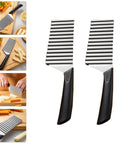 Front view of two HAKIDZEL wave crinkle potato cutters with stainless steel blades and black handles; 2-piece set.