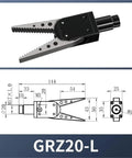 Pneumatic Gripper GRZ20 Magnetic Electric Jaw Air Cylinder for robotic systems, black and silver color, side view with dimensions.
