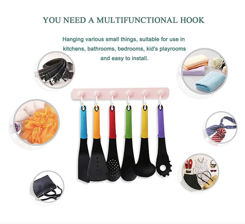 Kids Room Wall Mount Coat Rack With Six Rotating Adhesive Hooks for hanging kitchen tools and towels, displayed in use.