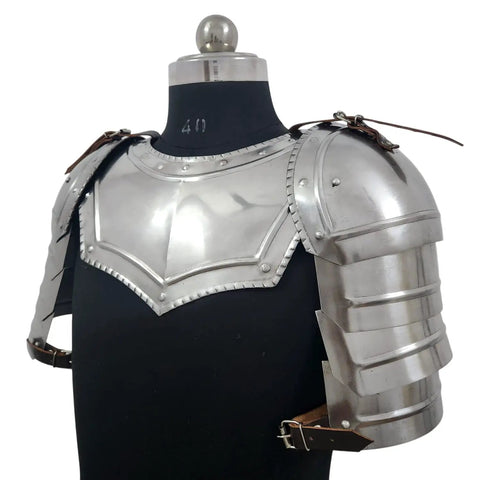 Medieval Steel Gorget With Pauldrons And Vambrace Set Adjustable Gothic Knight Armor displayed on mannequin