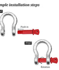 Installation steps for Beefy 2 Pack 3/8 Inch D Ring Anchor Shackles With Screw Pin Clevis Design for winch recovery.